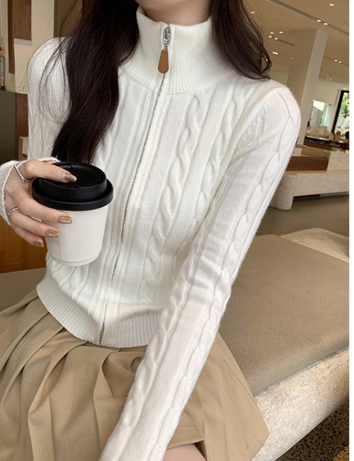 White cstand collar cardigan unique knitted coat for women