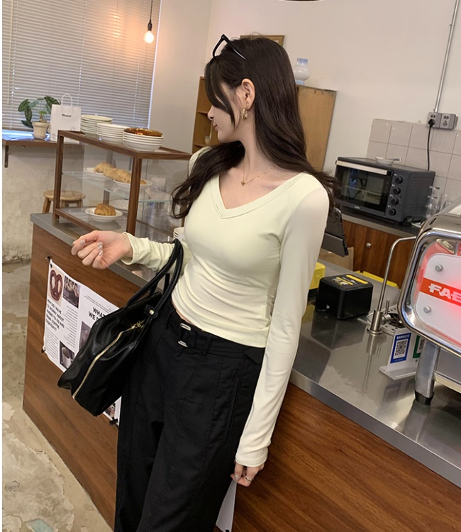 Slim long sleeve bottoming shirt V-neck tops for women