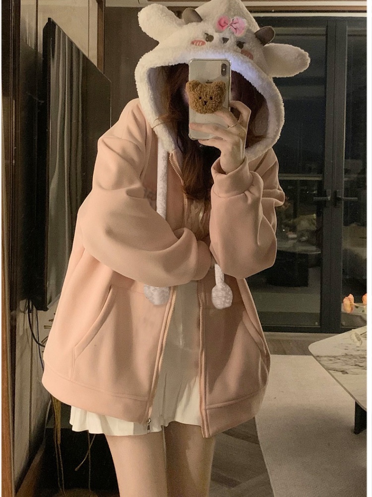 Thick maiden cotton coat loose hoodie for women