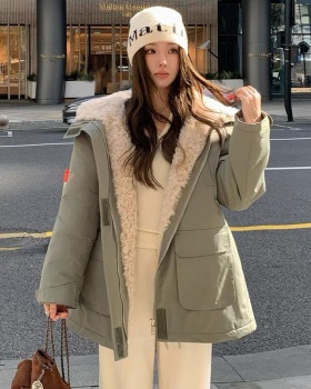 Lambs wool cotton coat green technical jacket for women