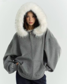 Fur collar woolen zip hoodie winter hooded coat