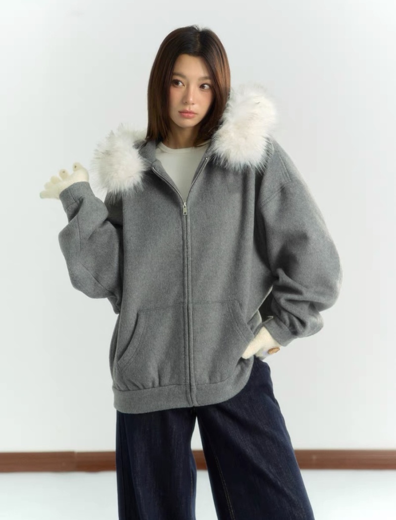 Fur collar woolen zip hoodie winter hooded coat