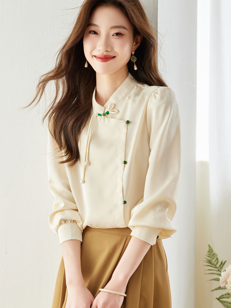 Cstand collar spring beading slim chiffon shirt for women