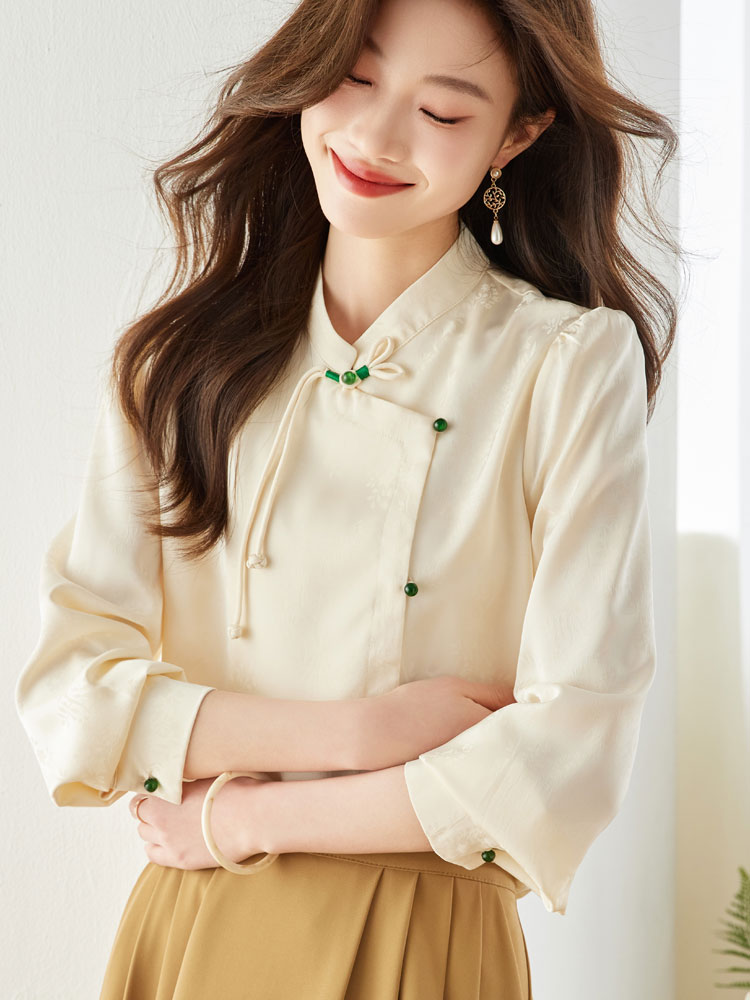 Cstand collar spring beading slim chiffon shirt for women