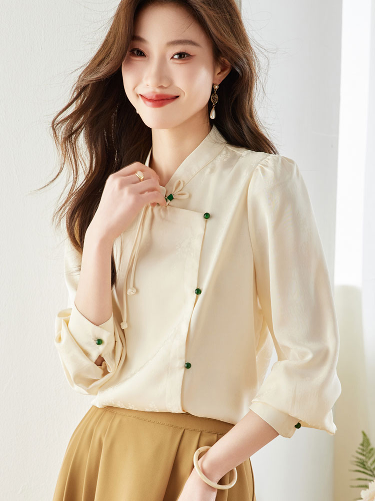 Cstand collar spring beading slim chiffon shirt for women