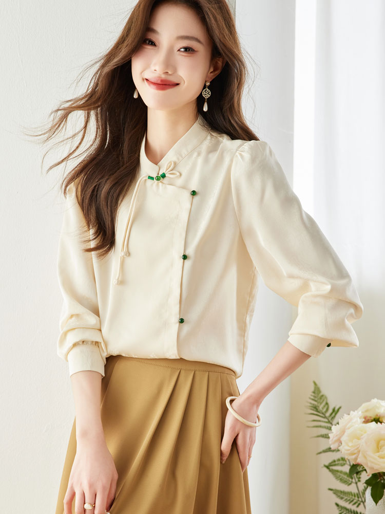 Cstand collar spring beading slim chiffon shirt for women