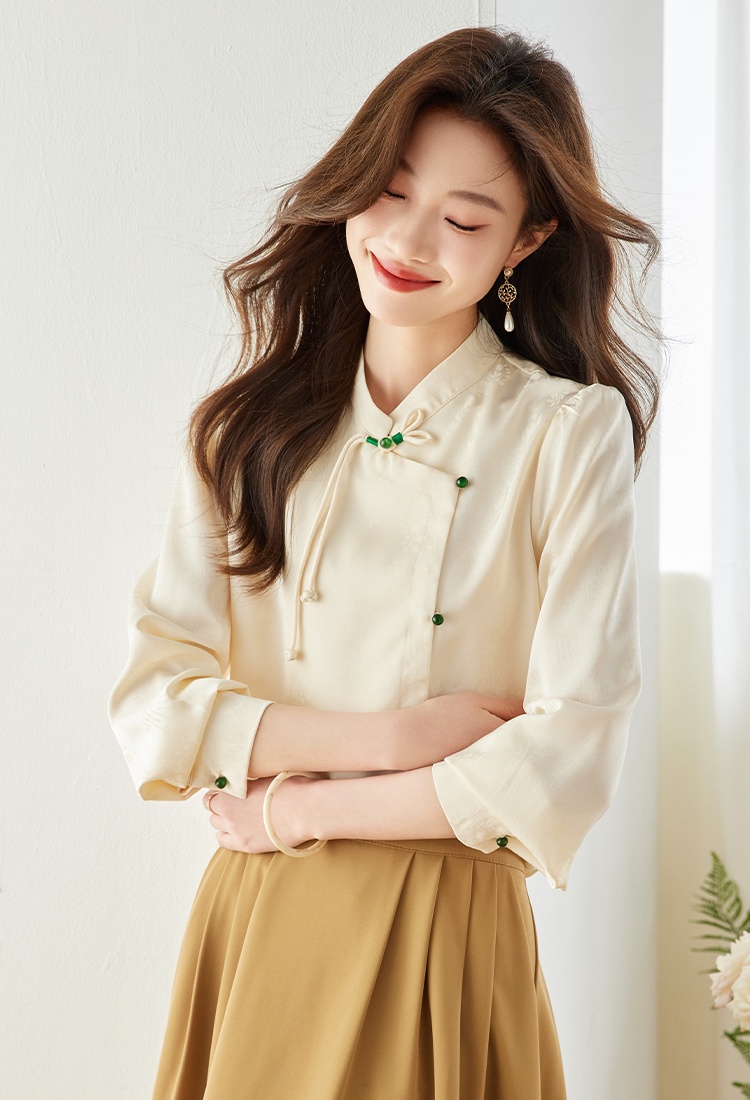 Cstand collar spring beading slim chiffon shirt for women