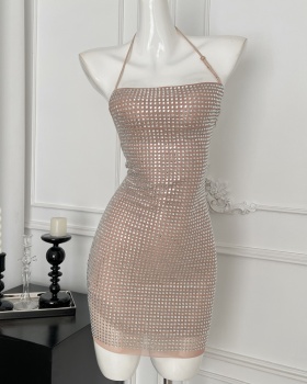 Rhinestone slim sexy T-back pinched waist halter dress