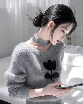 Gray mohair bottoming sweater jacquard knitted lazy tops