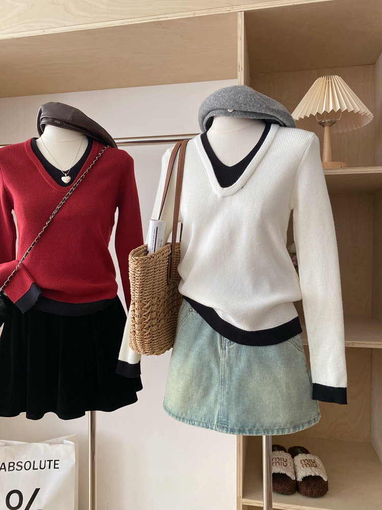 Pseudo-two temperament slim mixed colors sweater