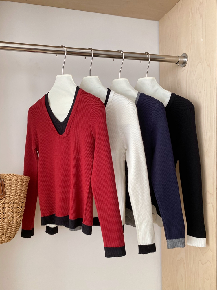 Pseudo-two temperament slim mixed colors sweater