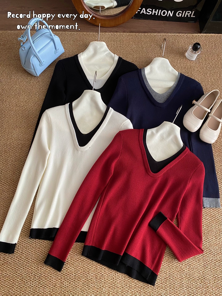 Pseudo-two temperament slim mixed colors sweater