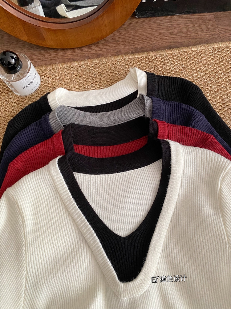 Pseudo-two temperament slim mixed colors sweater