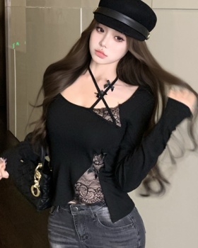 Halter lace slim T-shirt enticement splice tops