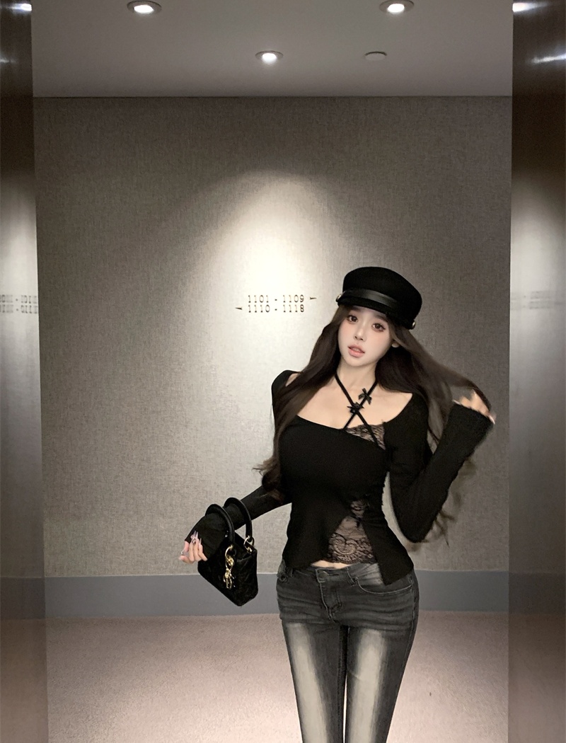 Halter lace slim T-shirt enticement splice tops