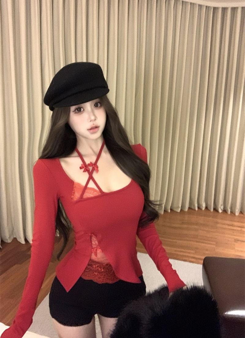 Halter lace slim T-shirt enticement splice tops