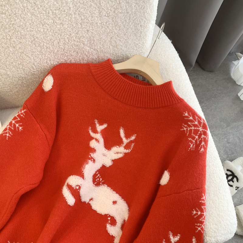 Christmas lazy fawn loose red wears outside sweater