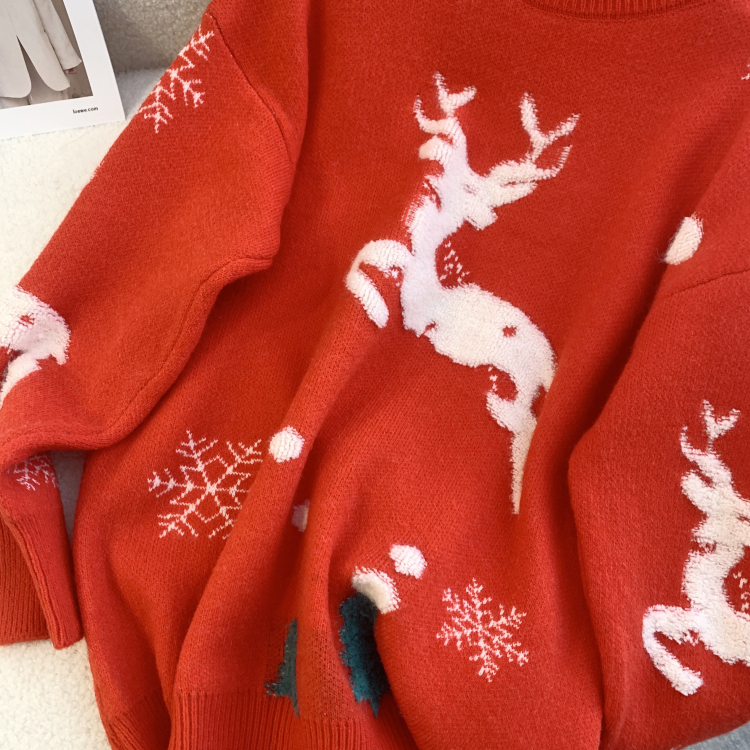 Christmas lazy fawn loose red wears outside sweater