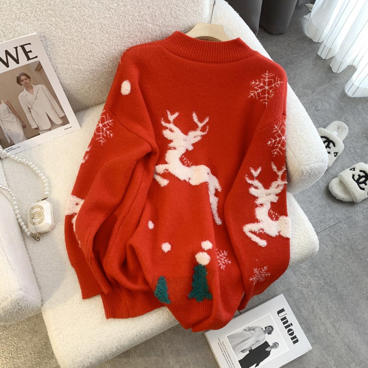 Christmas lazy fawn loose red wears outside sweater