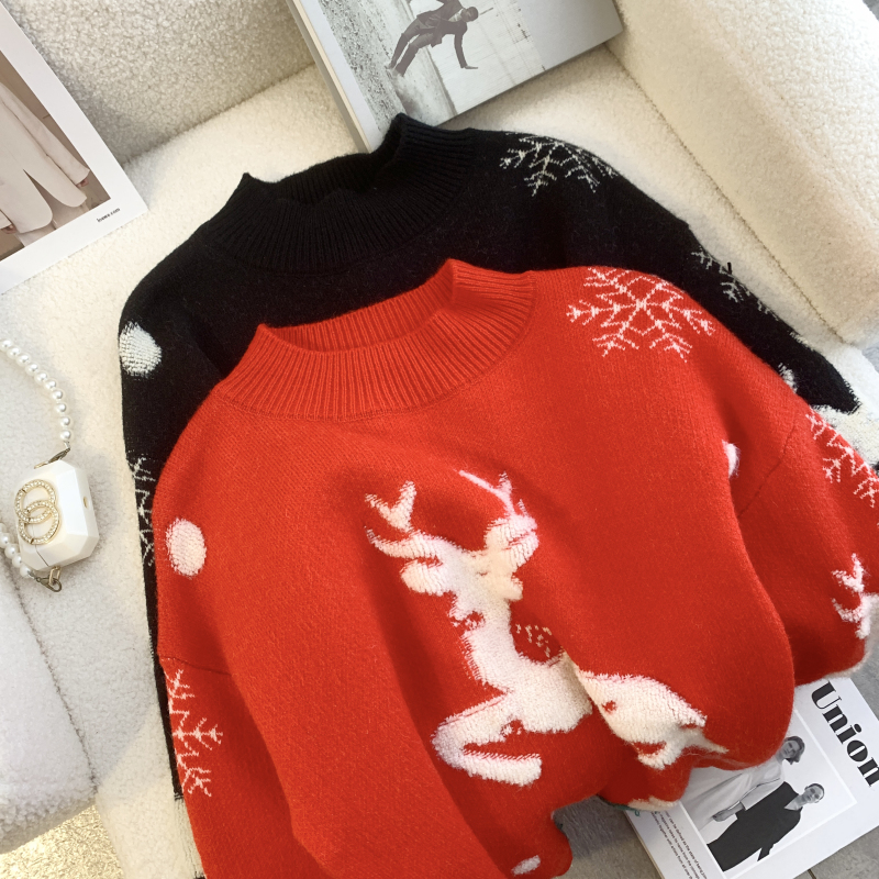 Christmas lazy fawn loose red wears outside sweater