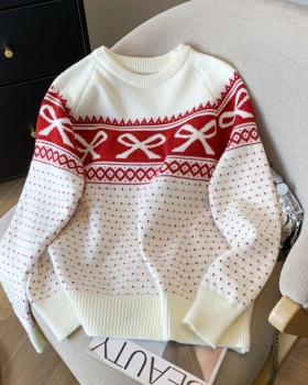 Knitted thick round neck all-match sweet bow sweater