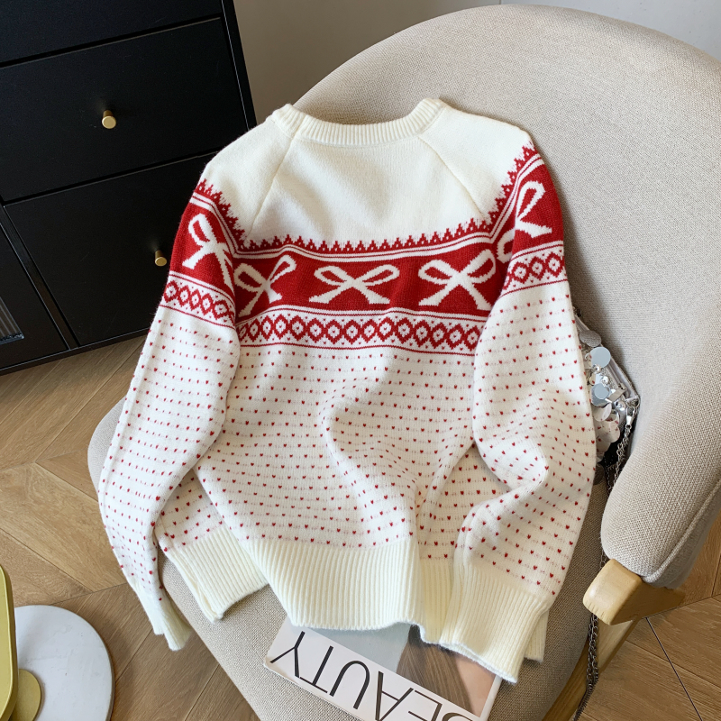 Knitted thick round neck all-match sweet bow sweater