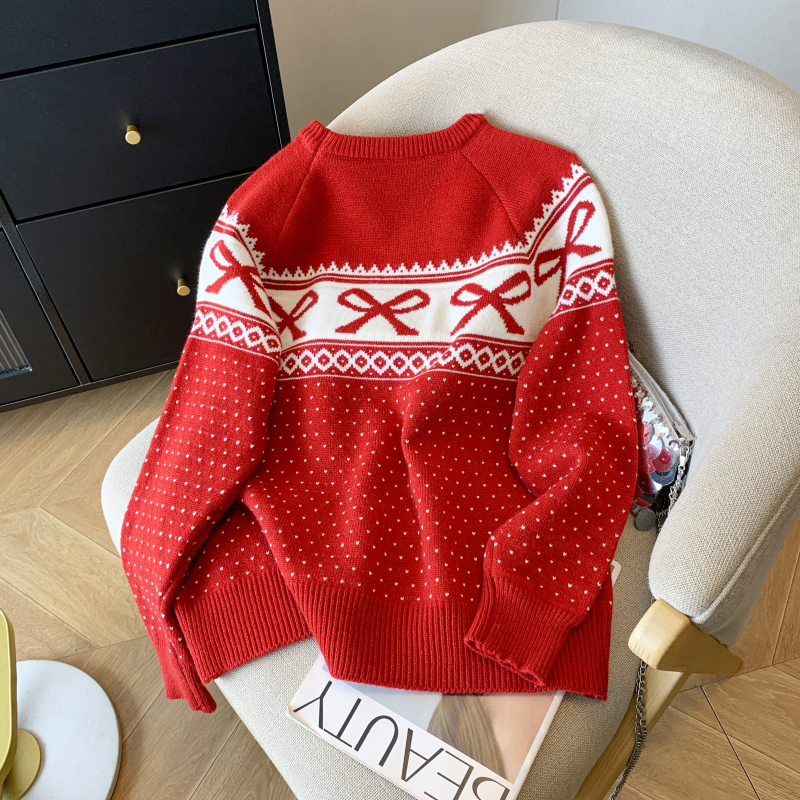 Knitted thick round neck all-match sweet bow sweater