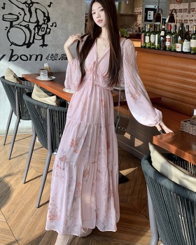 V-neck long floral pink beautiful dress for women