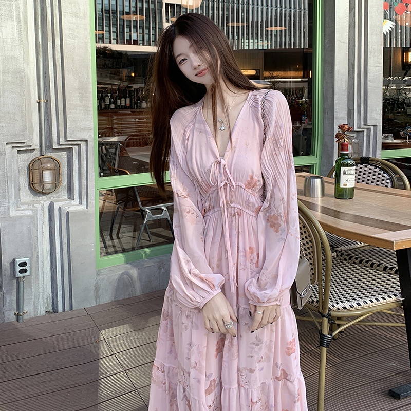 V-neck long floral pink beautiful dress for women