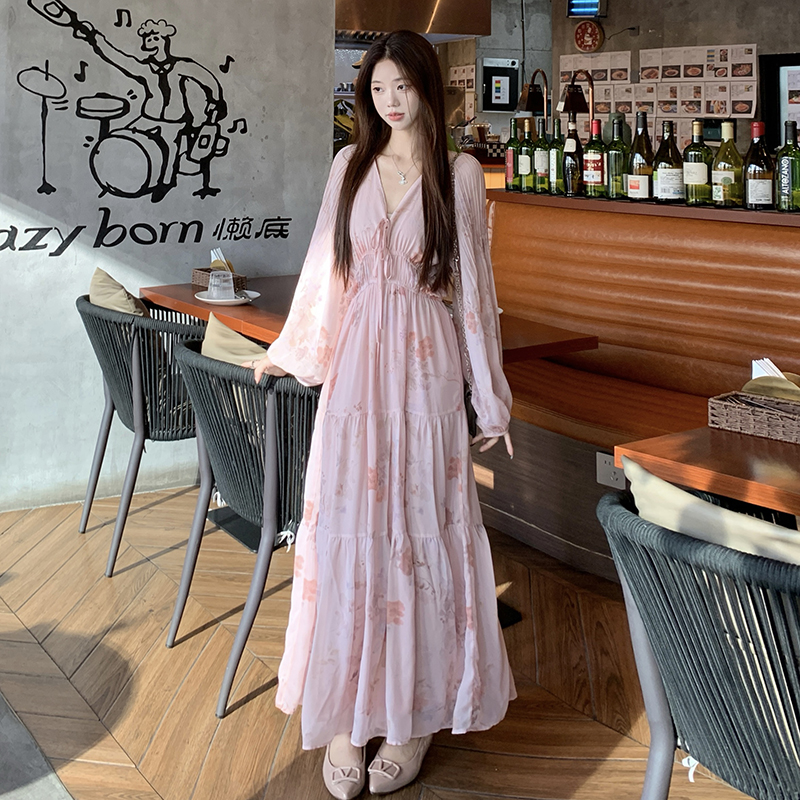 V-neck long floral pink beautiful dress for women