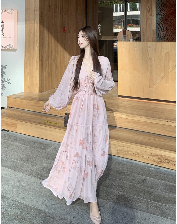 V-neck long floral pink beautiful dress for women