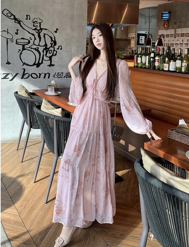 V-neck long floral pink beautiful dress for women