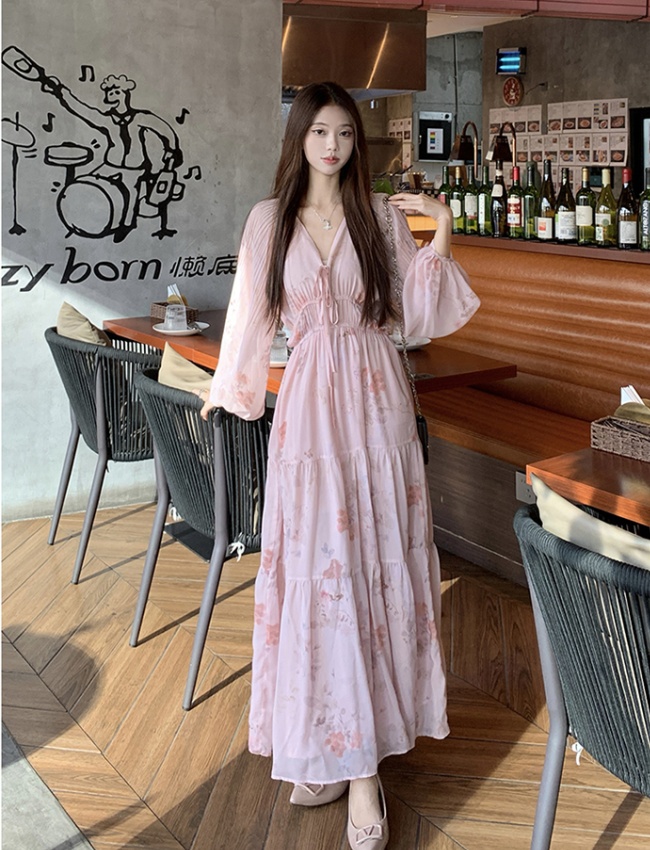 V-neck long floral pink beautiful dress for women