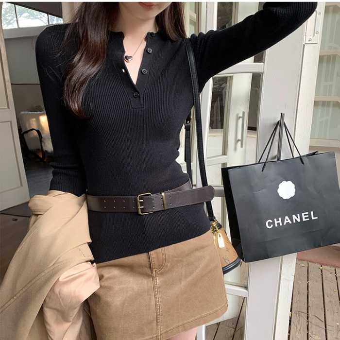 Long sleeve buckle tops bottoming sweater for women