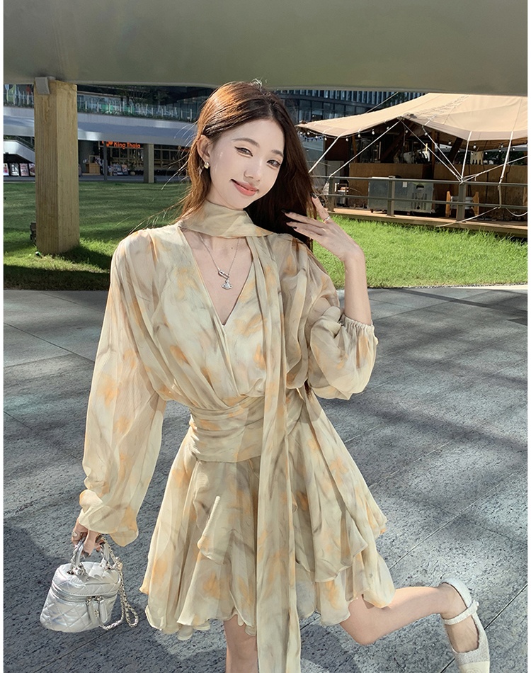 Floral yellow dress lady large yard T-back 2pcs set