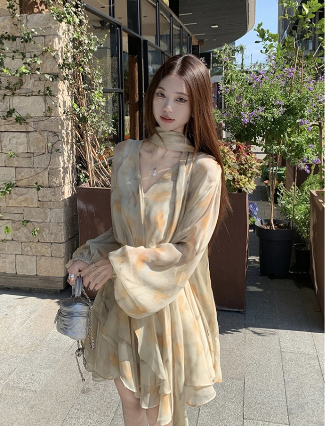 Floral yellow dress lady large yard T-back 2pcs set