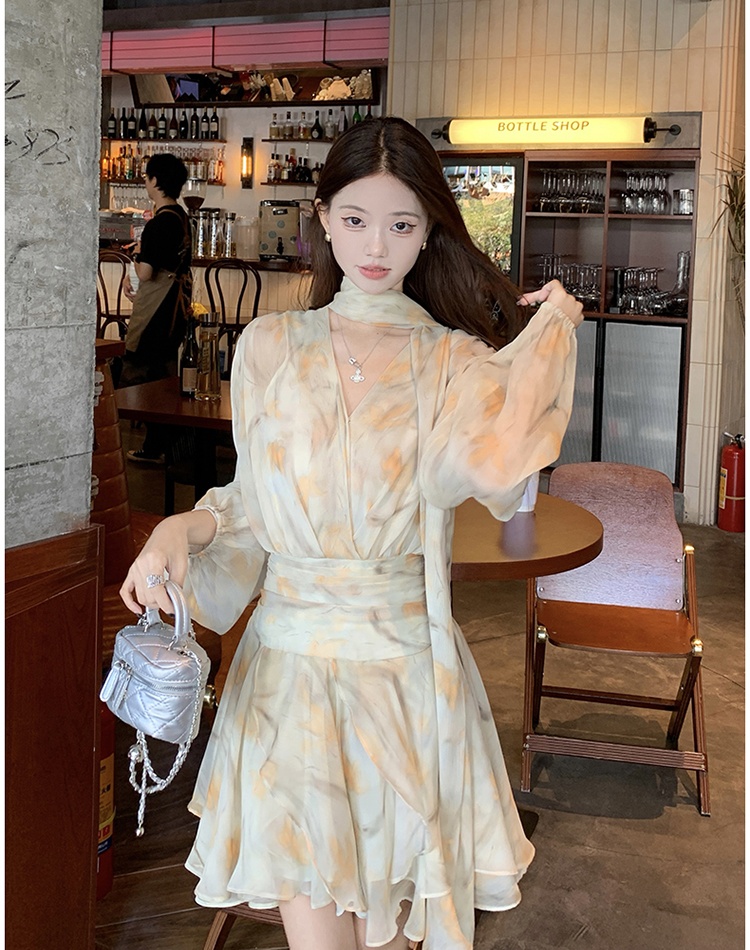 Floral yellow dress lady large yard T-back 2pcs set