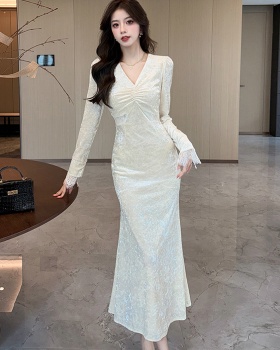 Mermaid long sleeve lace splice hollow V-neck dress