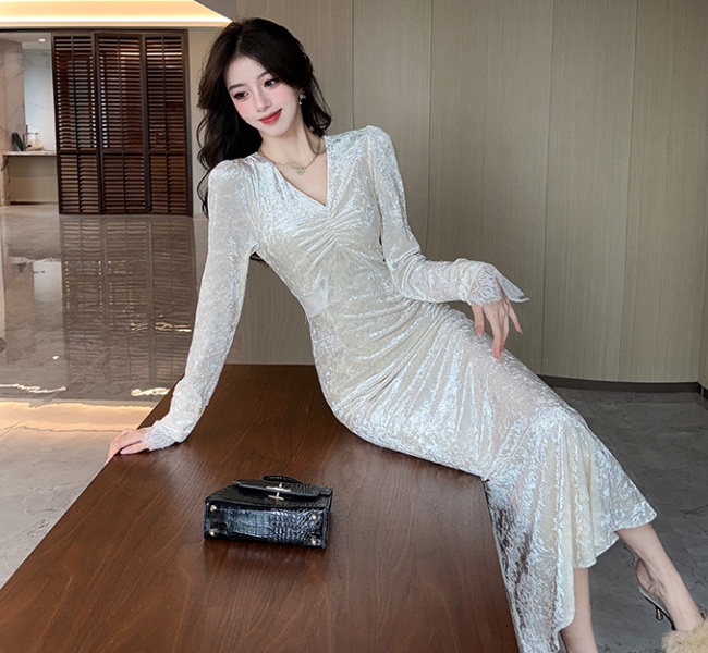 Mermaid long sleeve lace splice hollow V-neck dress