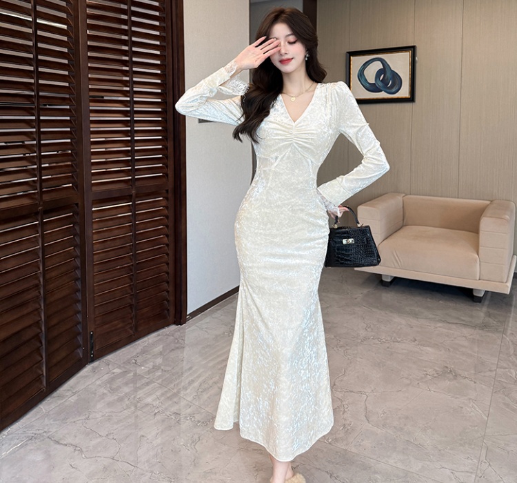 Mermaid long sleeve lace splice hollow V-neck dress