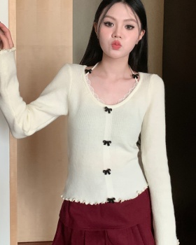 Bow lace short long sleeve frenum sweater