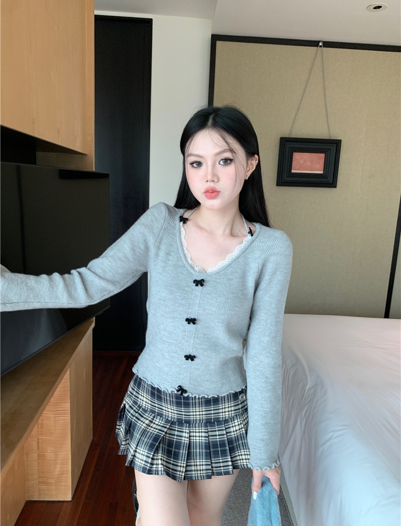 Bow lace short long sleeve frenum sweater