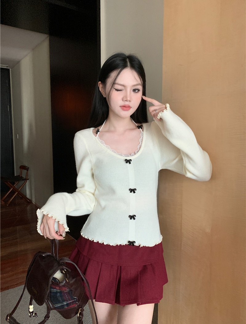 Bow lace short long sleeve frenum sweater