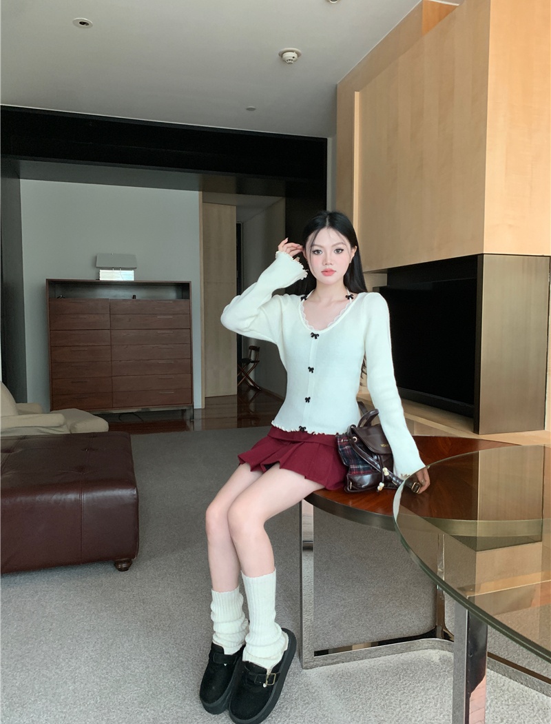 Bow lace short long sleeve frenum sweater