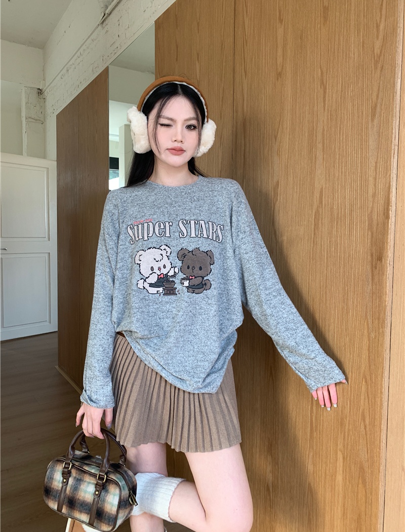 Fleece round neck letters cartoon pattern doll shirt