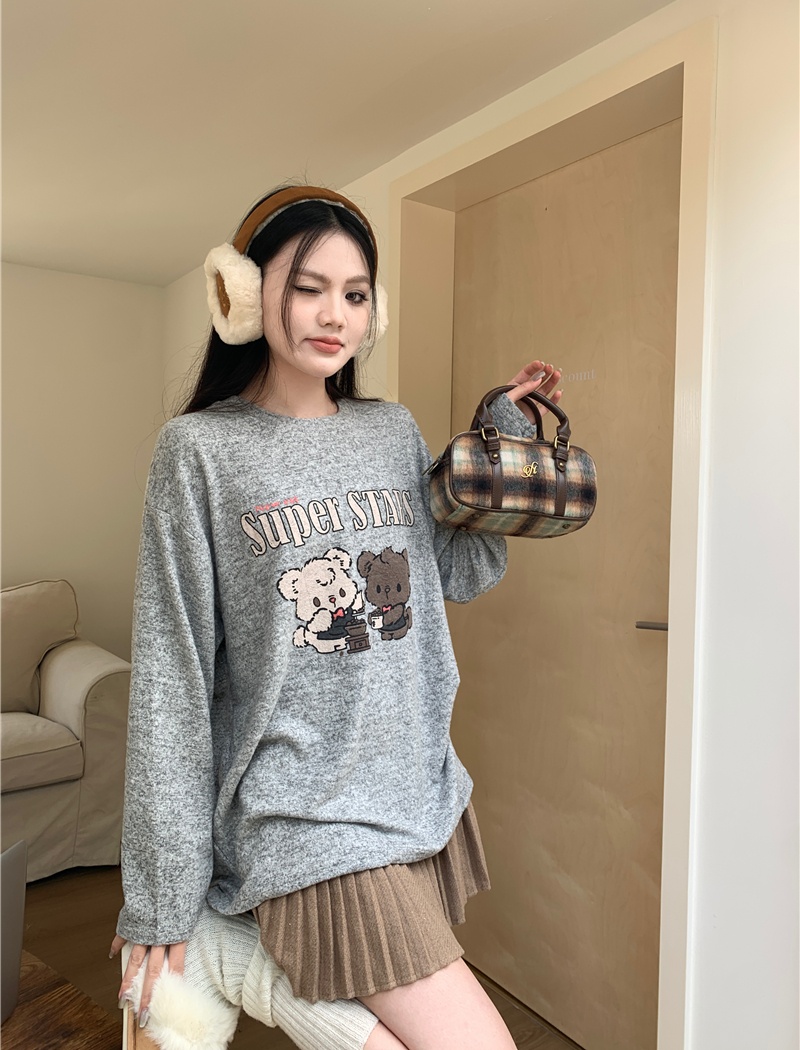 Fleece round neck letters cartoon pattern doll shirt