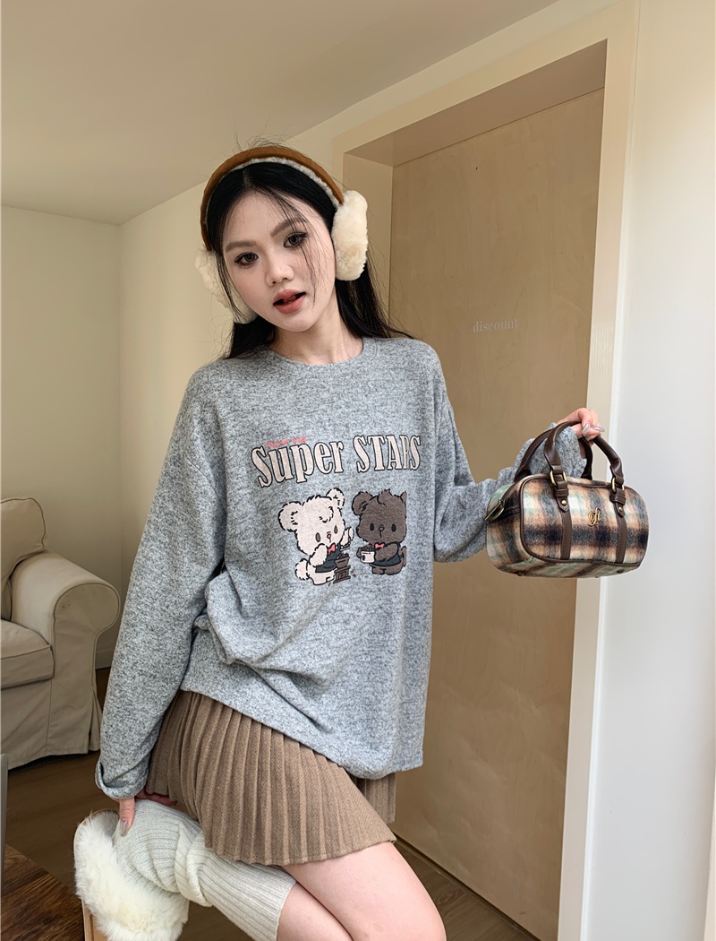 Fleece round neck letters cartoon pattern doll shirt