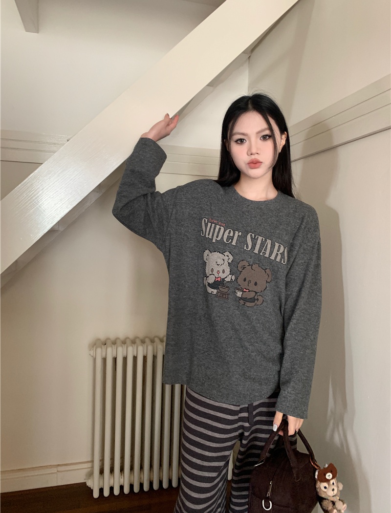 Fleece round neck letters cartoon pattern doll shirt