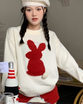 Loose rabbit hairball all-match retro round neck sweater