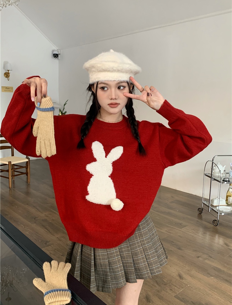 Loose rabbit hairball all-match retro round neck sweater